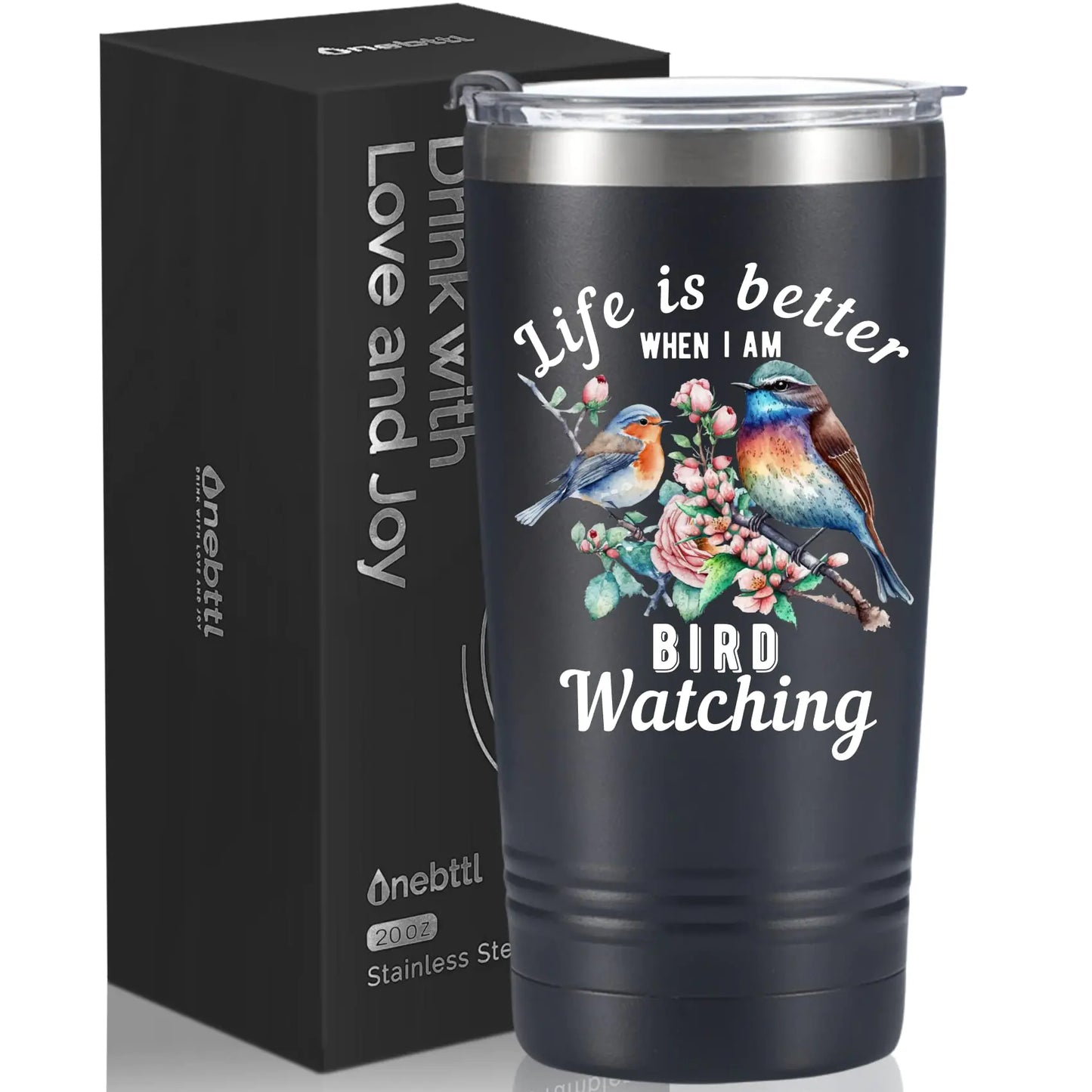 Onebttl Bird Watching Gifts Bird Watching Tumbler for Bird Lovers & Bird Watchers 20oz Stainless Steel Insulated Tumbler with Lid & Straw Gift Card & Box Included Gift for Birthday - 360 Black