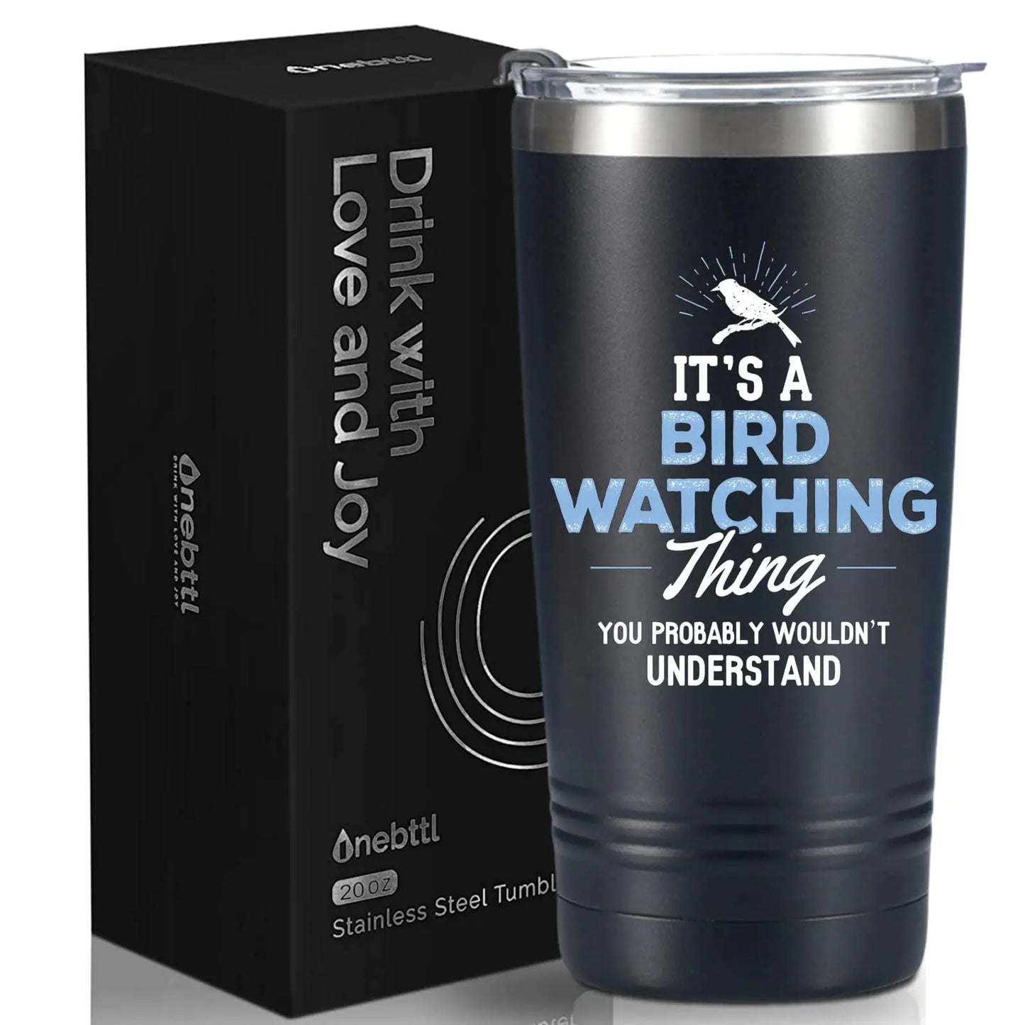 Onebttl Bird Watching Gifts Bird Watching Tumbler for Bird Lovers & Bird Watchers 20oz Stainless Steel Insulated Tumbler with Lid & Straw Gift Card & Box Included Gift for Birthday - 360 Black