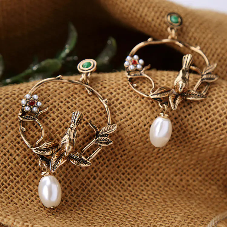 Vintage Elegant Pearl Flower Bird Stud Earrings