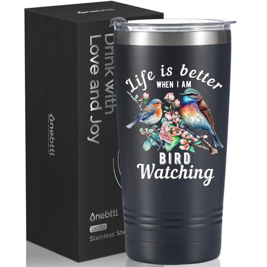 Onebttl Bird Watching Gifts Bird Watching Tumbler for Bird Lovers & Bird Watchers 20oz Stainless Steel Insulated Tumbler with Lid & Straw Gift Card & Box Included Gift for Birthday - 360 Black
