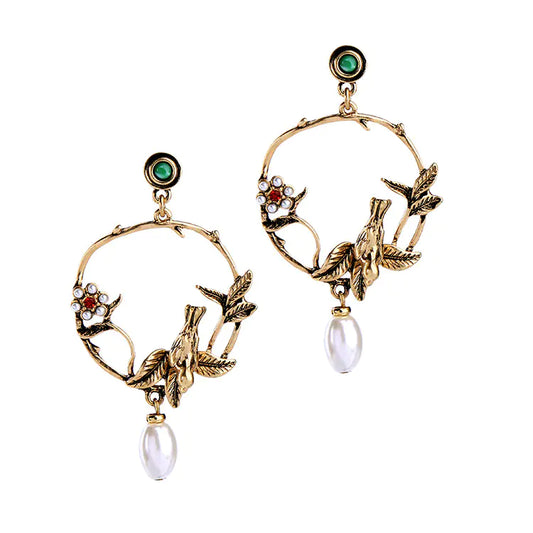 Vintage Elegant Pearl Flower Bird Stud Earrings